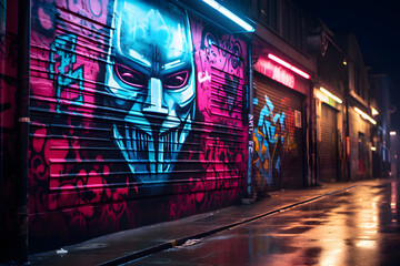 Cyberpunk alley with neon-lit mask graffiti
