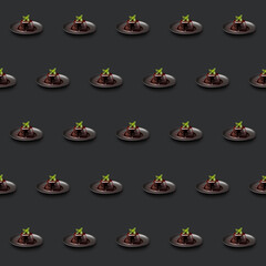 Seamless sweet chocolate fondant dessert food photo pattern on a solid color background with soft...