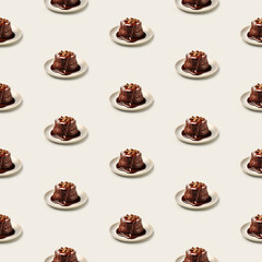 Seamless sweet chocolate fondant dessert food photo pattern on a solid color background with soft shadows
