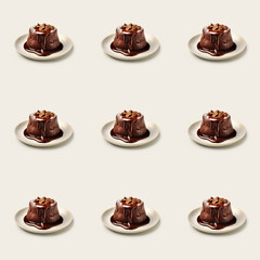 Seamless sweet chocolate fondant dessert food photo pattern on a solid color background with soft shadows