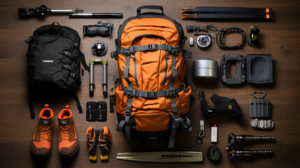 Knolling of hiking essentials on wooden surface - obrazy, fototapety, plakaty