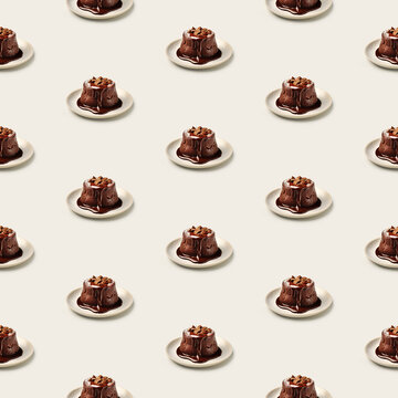 Seamless sweet chocolate fondant dessert food photo pattern on a solid color background with soft shadows