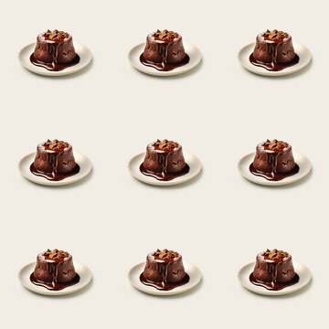 Seamless sweet chocolate fondant dessert food photo pattern on a solid color background with soft shadows