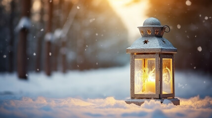 Christmas Lantern in snow with winter forest background. Ai Generative