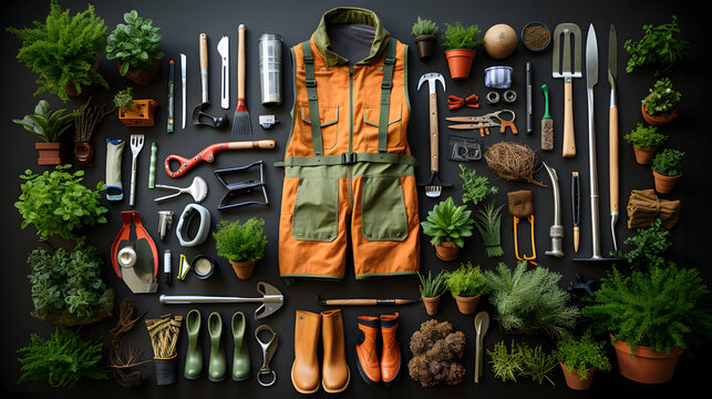Knolling of gardening tools on green lawn