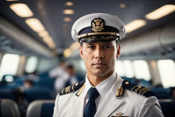 Fototapeten portrait of the captain of a passenger plane with inside the plane © 2D_Jungle