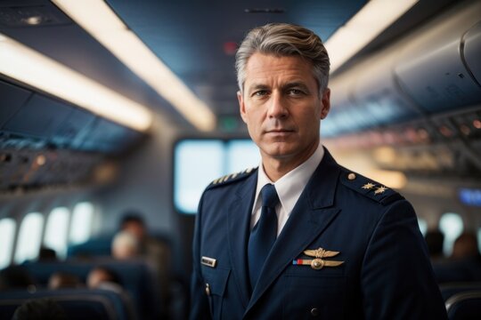 portrait of the captain of a passenger plane with inside the plane