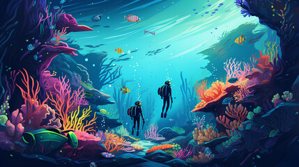 Fototapeta na wymiar illustration of an divers using wetsuits in a magical sea world and colorfuly
