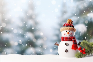 Happy decorated snowman in hat and scarf in winter snowy seasonal holiday. AI generated