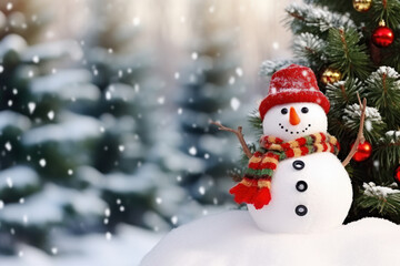 Naklejka na ściany i meble Happy decorated snowman in hat and scarf in winter snowy seasonal holiday. AI generated
