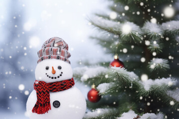 Naklejka na ściany i meble Happy decorated snowman in hat and scarf in winter snowy seasonal holiday. AI generated