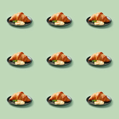 Seamless sweet croissant dessert food photo pattern on a solid color background with soft shadows