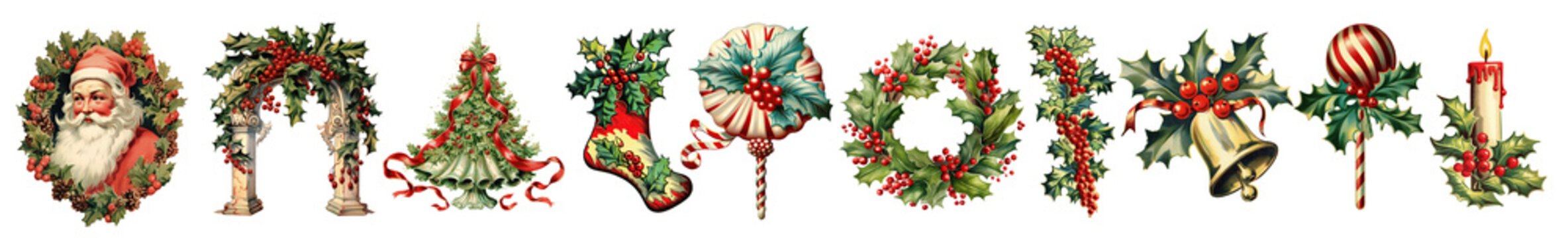 Christmas set for cards or advertising, Santa Claus, arch, Christmas tree, sock, wreath, candle, bell and caramel with holly berries in retro style with transparent background