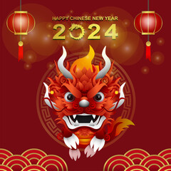 chinese new year 2024 with illustration of cool lunar heads and elements