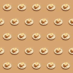 Seamless sweet cannolli dessert food photo pattern on a solid color background with soft shadows