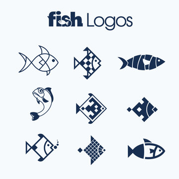 Collection of 9 fish logos. Modern logo for a fishing company or related to fishing. Restaurant abstract fish symbol with lines and squares. box fish with mosaic tile style. 