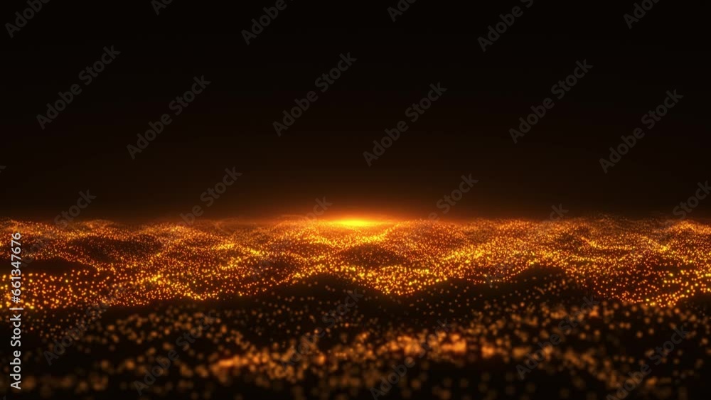 Poster digital orange particle waves with motion abstract futuristic background, cyber technology, 3d, 4k s