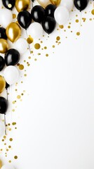 Elegant Gold Confetti and Balloon Border on White Background