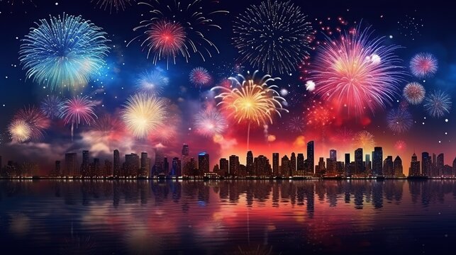 Beautiful fireworks new year celebration at city night. AI generated image