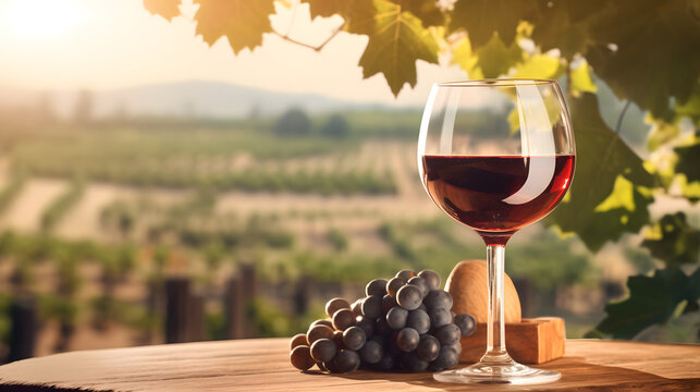 Glass of red wine with grapes on table in vineyard during warm summer