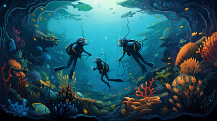 Fototapeta na wymiar illustration of an divers using wetsuits in a magical sea world and colorfuly