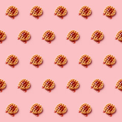 Seamless sweet waffles with syrup dessert food photo pattern on a solid color background with soft...