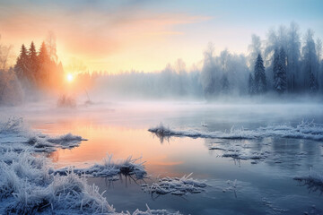Fototapeta premium Lake in winter. Winter landscape