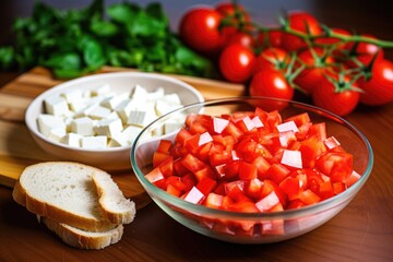 sliced baguette with diced tomatoes in a bowl, ready for assembly
