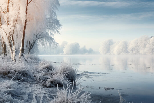 Lake in winter. Winter landscape