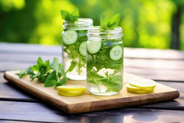 a bottled cucumber and mint infused water on wooden plank