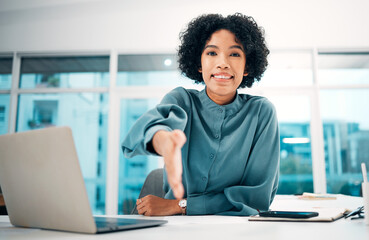 Handshake, woman and job interview, recruitment with human resources and communication, partnership...