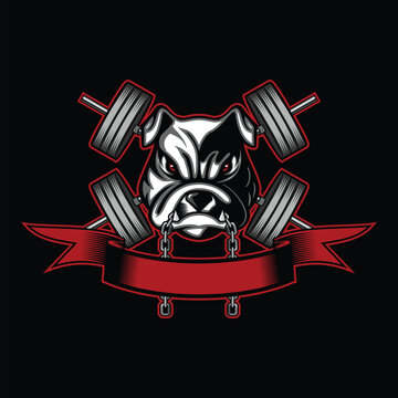 Bulldog head with gym barbell Background. Design element for logo, sign, emblem