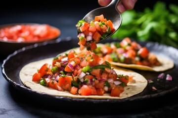 ladling fresh salsa on top of a chicken fajita
