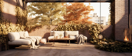 Fall, autumn patio of suburban house. Luxury exterior design scene. Villa Backyard terrace in the sunny day with couches and lounge chairs. Vacation, relax, wellness spa resort, hotel. Generative ai