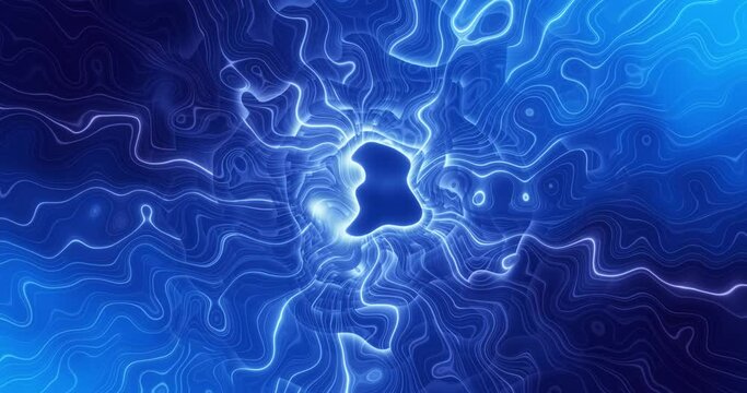 Abstract blue gradient background of glowing energy circles and a background of magic lines swirling wave movements. Transformation and displacement of contour lines.