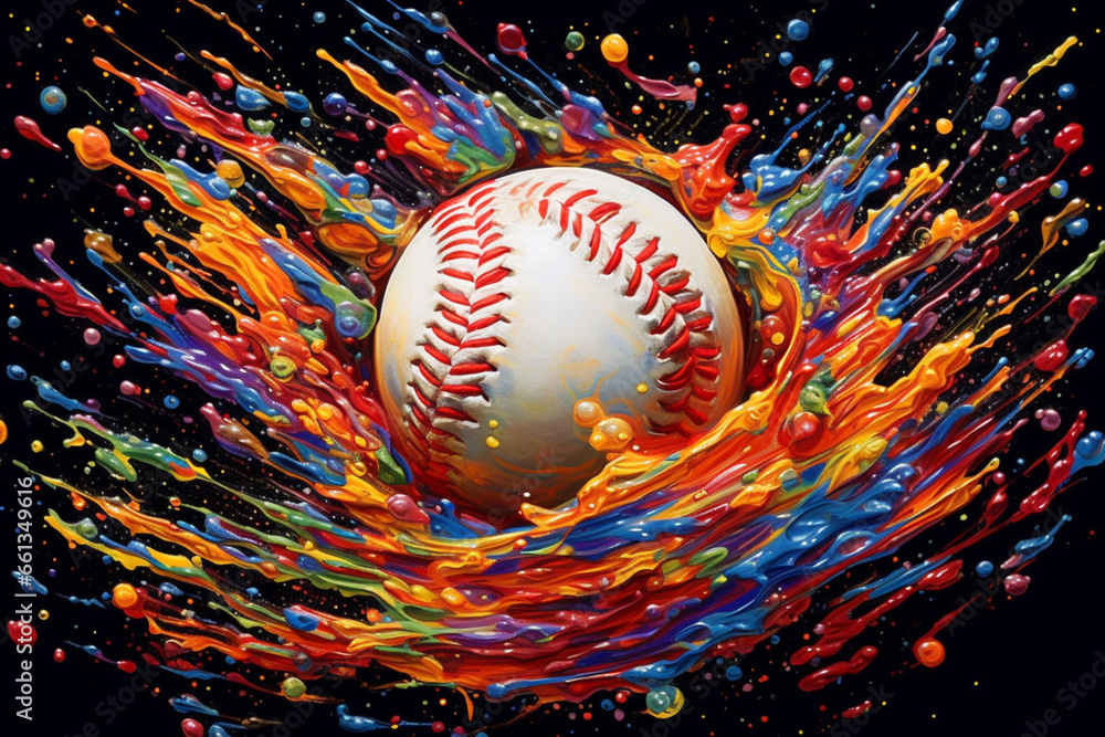 Leinwandbilder An abstract painting featuring a baseball splattered with an array of vibrant paint, representing the power and precision of the pitcher's throw. 
