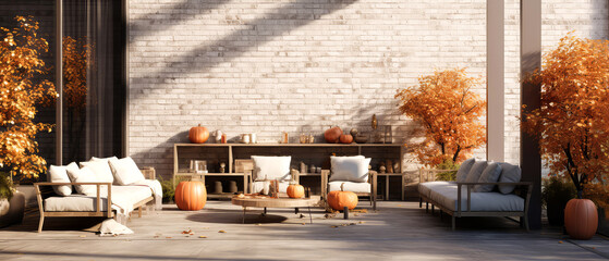 Fall, autumn patio of suburban house. Luxury exterior design scene. Villa Backyard terrace in the sunny day with couches and lounge chairs. Vacation, relax, wellness spa resort, hotel. Generative ai - obrazy, fototapety, plakaty