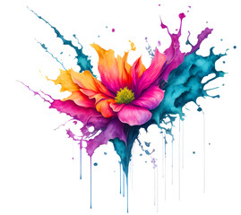 Explosion colorful splash flower and leaf shape color splatter stain brush strokes on transparent