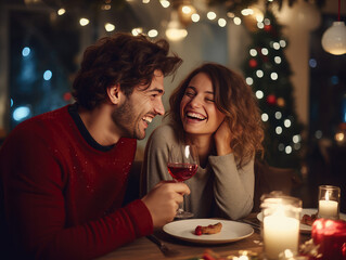 Obraz na płótnie Canvas Happy Romantic Caucasian White Young Couple Having a Christmas Dinner