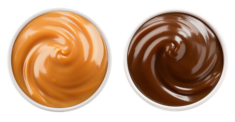 Melted Chocolate and caramel cream in bowl. isolated  background. 3d illustration. 