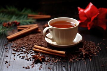 Obraz na płótnie Canvas cinnamon sticks and star anise by a vanilla chai tea