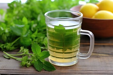 lemon balm tea in a glass mug, fresh herbs nearby