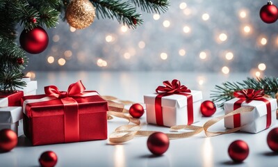 Merry Christmas text on white background with gift boxes, ribbons, red decoration, fir branches, bokeh, sparkles and confetti. Xmas and New Year greeting card, bokeh, light. Flat lay, Generative AI