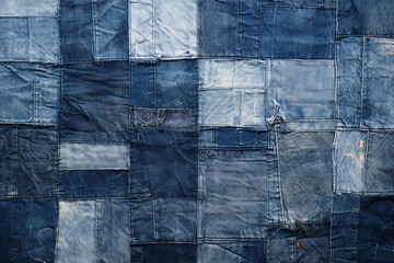 A homemade patchwork quilt made of various denim scraps, showcasing a creative use for recycled material - obrazy, fototapety, plakaty