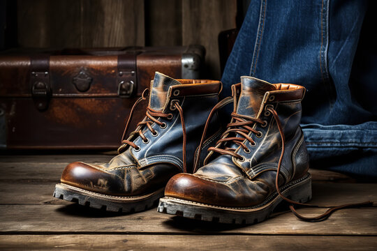 A combination of jeans and leather boots laid out on a wooden floor, representing a classic, rugged style