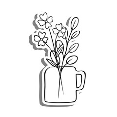 Black line Flowers Leaves in Mug on white silhouette and gray shadow. Hand drawn cartoon style. Vector illustration for decorate and any design