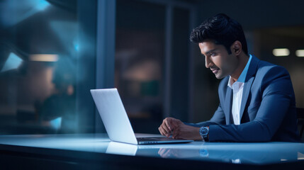 Young businessman or corporate employee using laptop at office.
