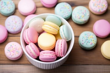 Fototapeta premium overhead view of pastel macarons on a wooden table