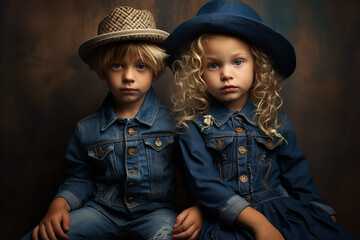 Adorable children wearing coordinating denim outfits, capturing the innocence and charm of youthful...