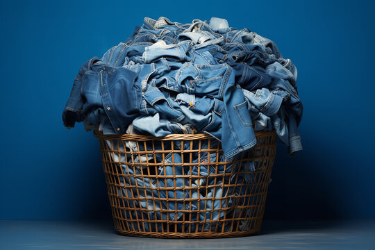 A laundry basket filled with assorted denim items, waiting to be washed, highlighting the day-to-day maintenance of the fabric